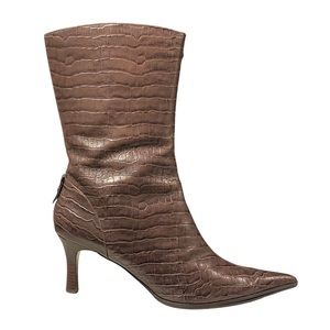 Nine West Brown Crocodile Faux Leather Pointed Toe Calf High Booties Size 10